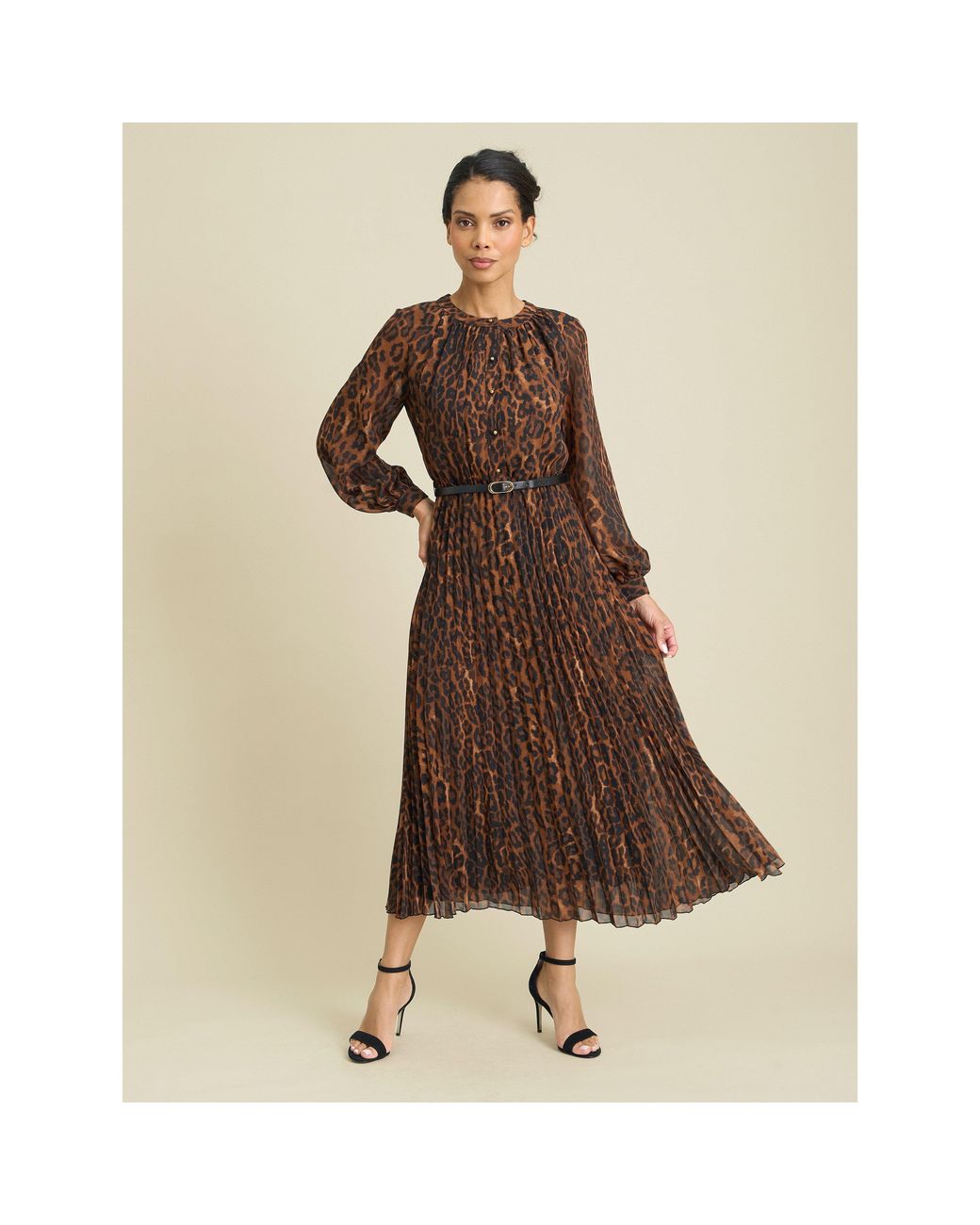 Gina Bacconi Natural Yasmina Chiffon Belted Jewel Neck Animal Dress
