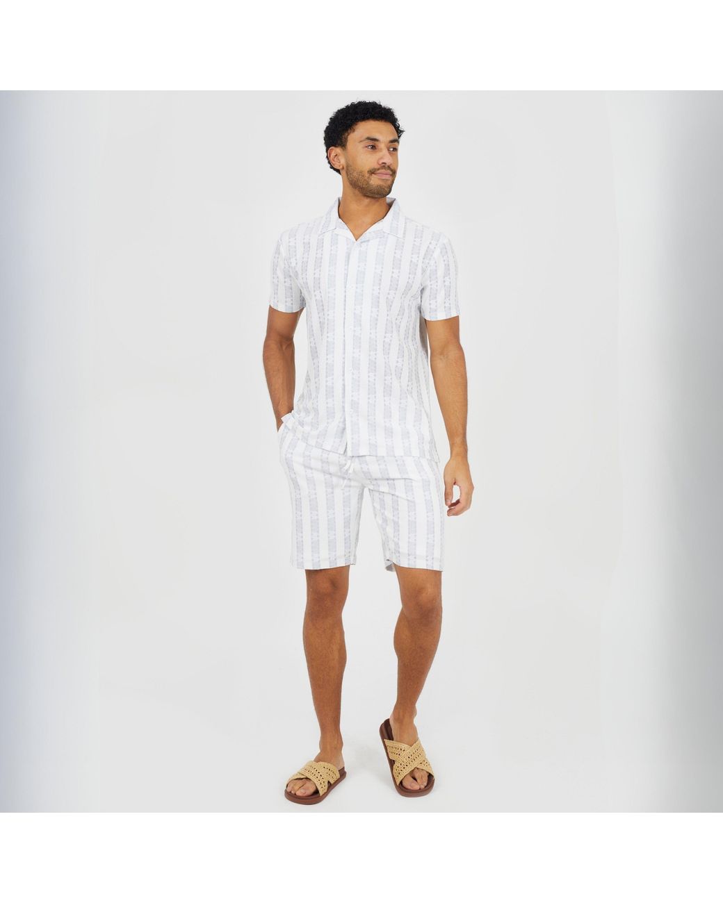 Brave Soul White Bs Open Collar Short Sleeve Shirt With Stripe Pattern for men