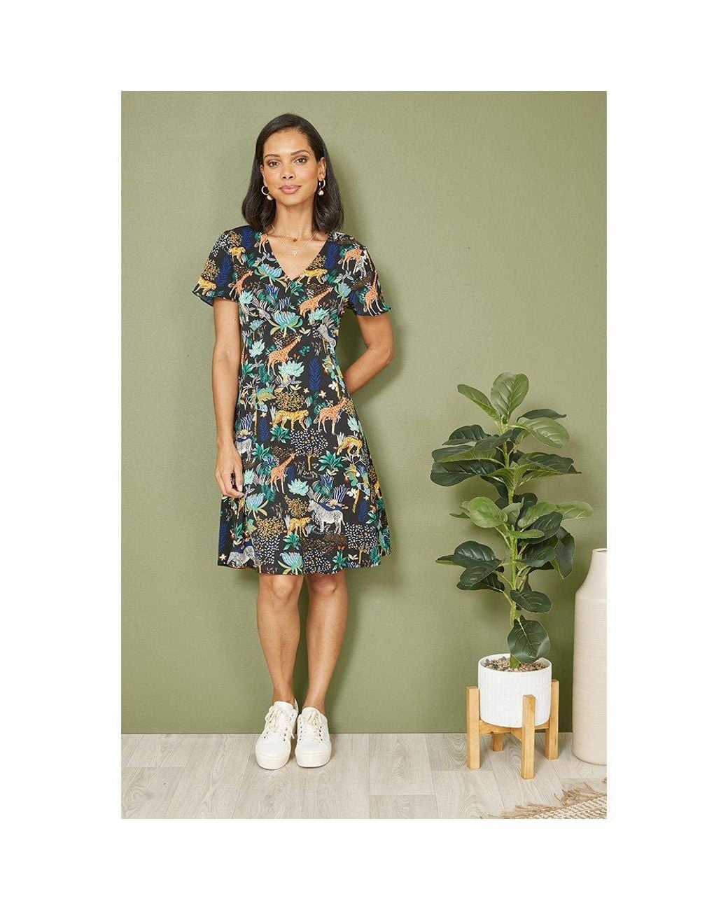Yumi' Green Jungle Print Skater Dress