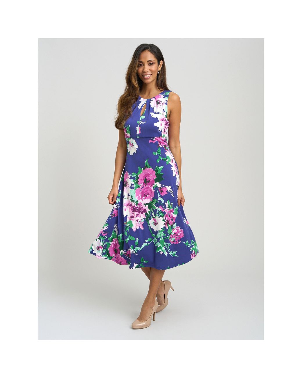 Gina Bacconi Blue Mary Ann Sleeveless Keyhole Print Midi Dress