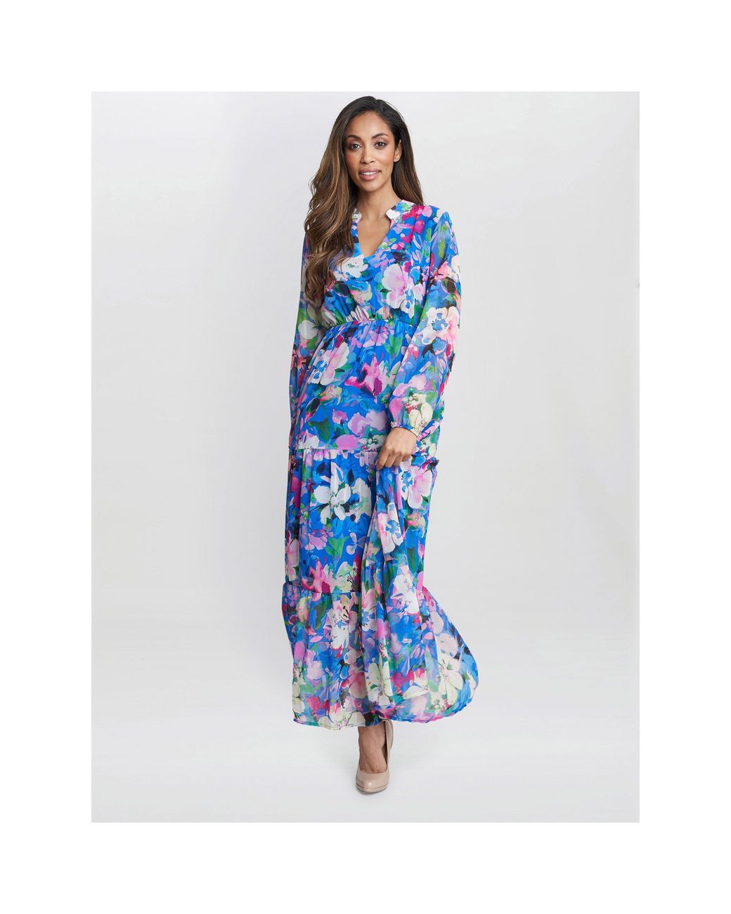 Gina Bacconi Blue Iona Print Stand Collar Dress