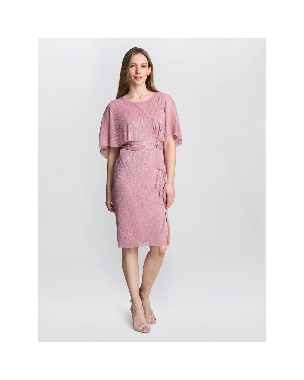 Gina Bacconi Pink Sonya Pleated Dress With Brooch