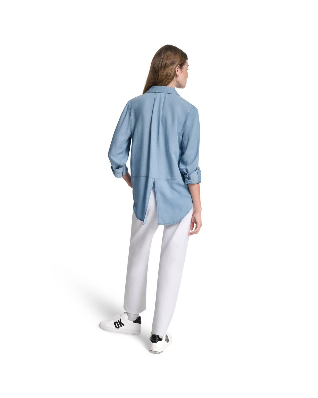 DKNY Blue Jeans Split Back Button Front Tencel Shirt W/ Roll Tab Sleeve