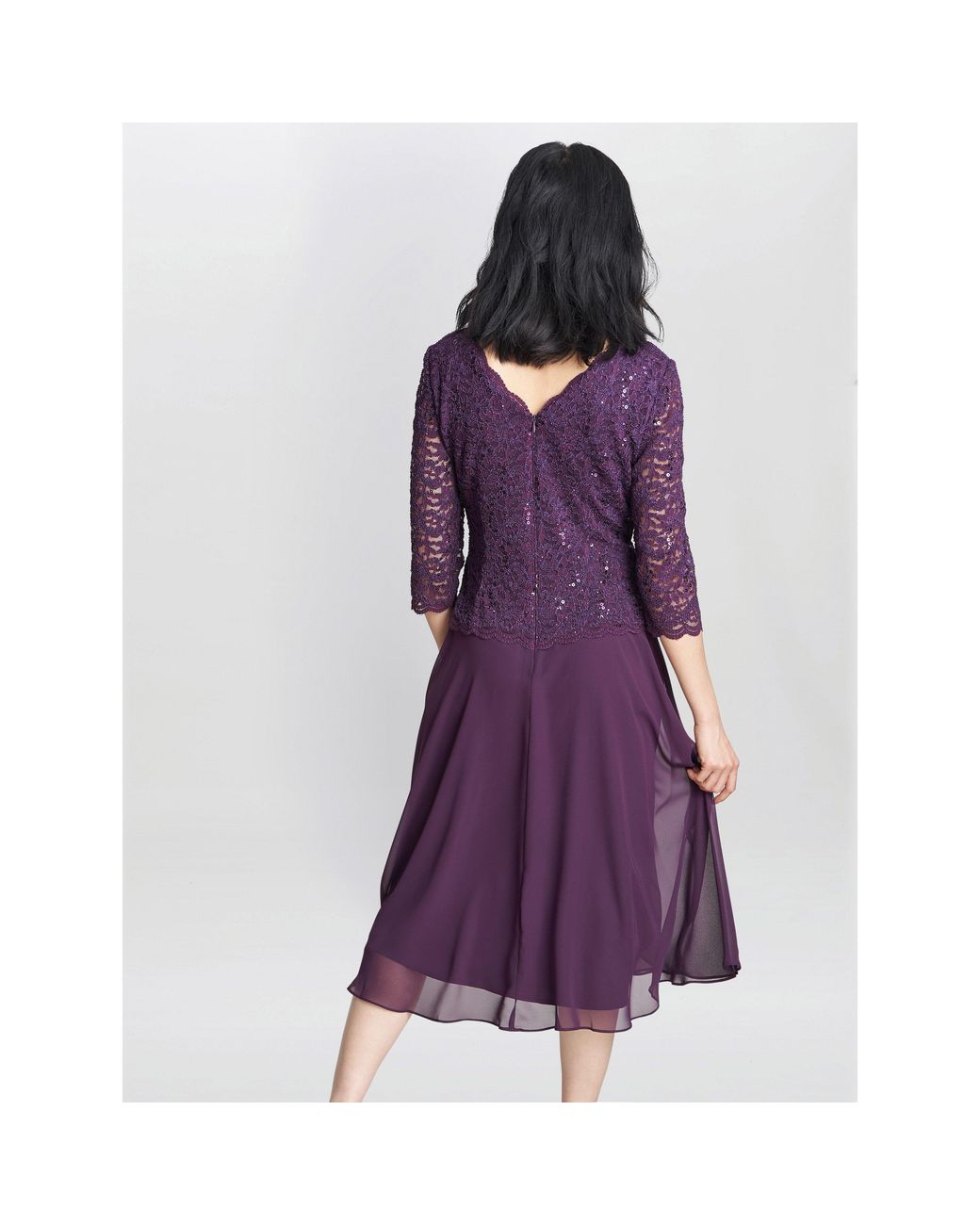 Gina Bacconi Purple Rona Midi-Length Dress With Lace Bodice