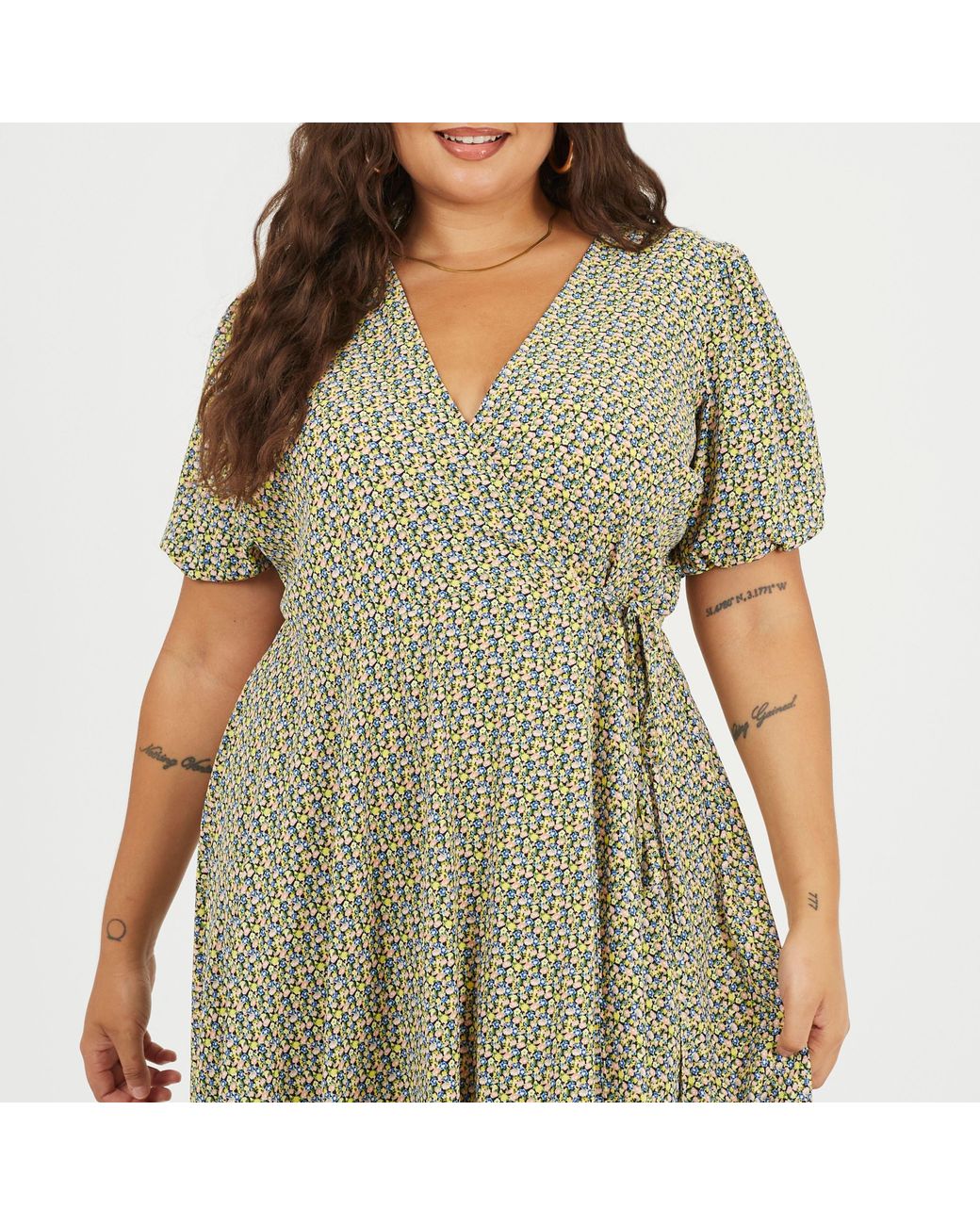 Brave Soul Green Plus Size Wrap Midi Dress With Floral Print