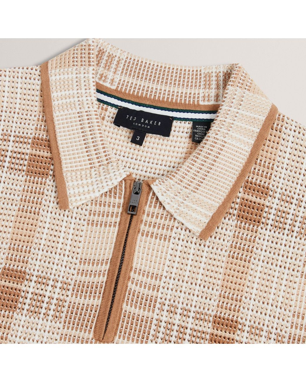 Ted Baker Natural Checked Zip Neck Cotton Knit Polo for men