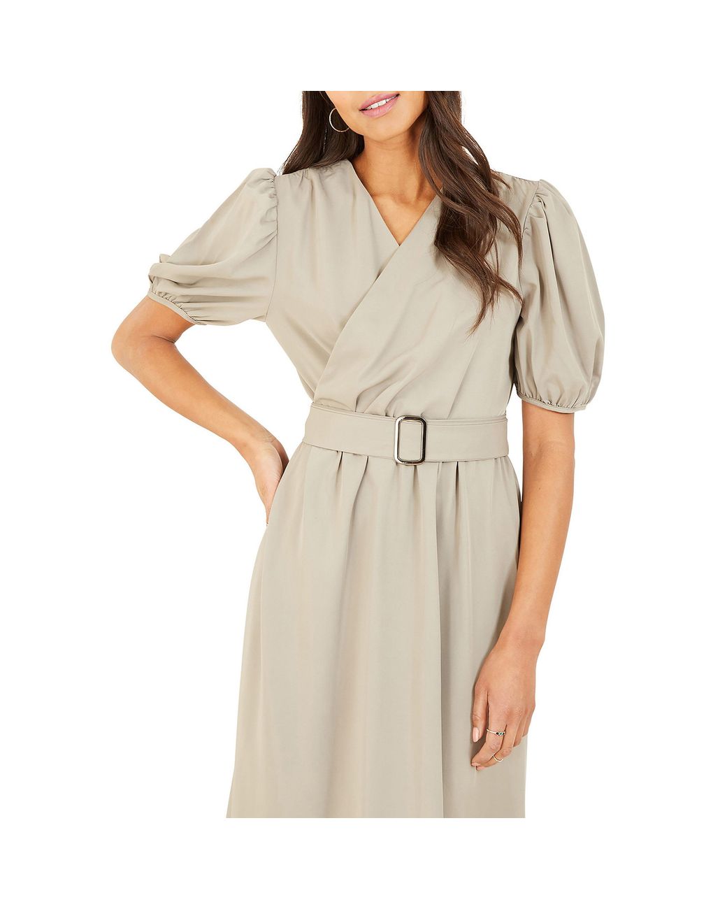 Yumi' Natural Puff Sleeve Belted Midi Dress