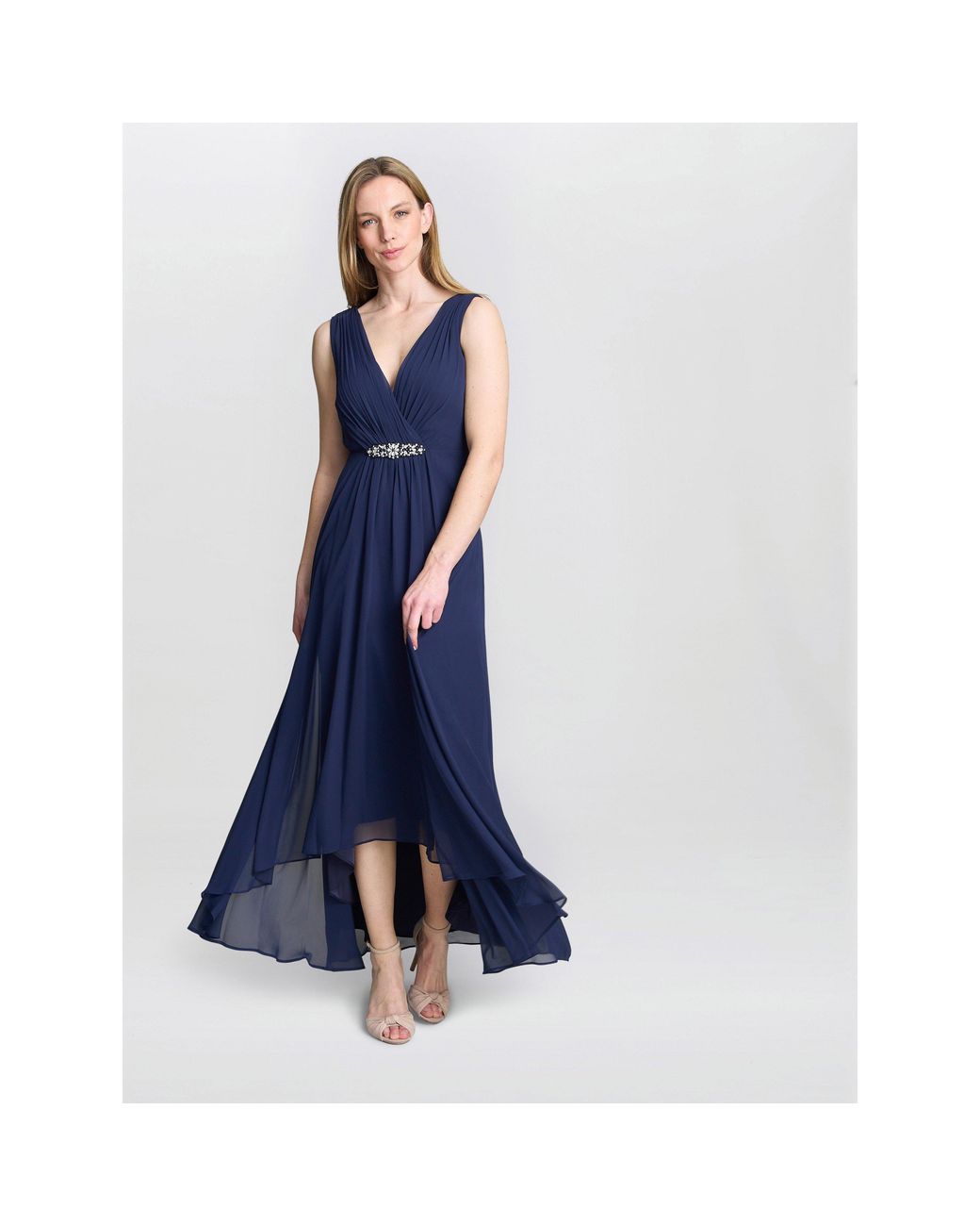 Gina Bacconi Blue Pandora Wrap Effect Hi-Lo Dress