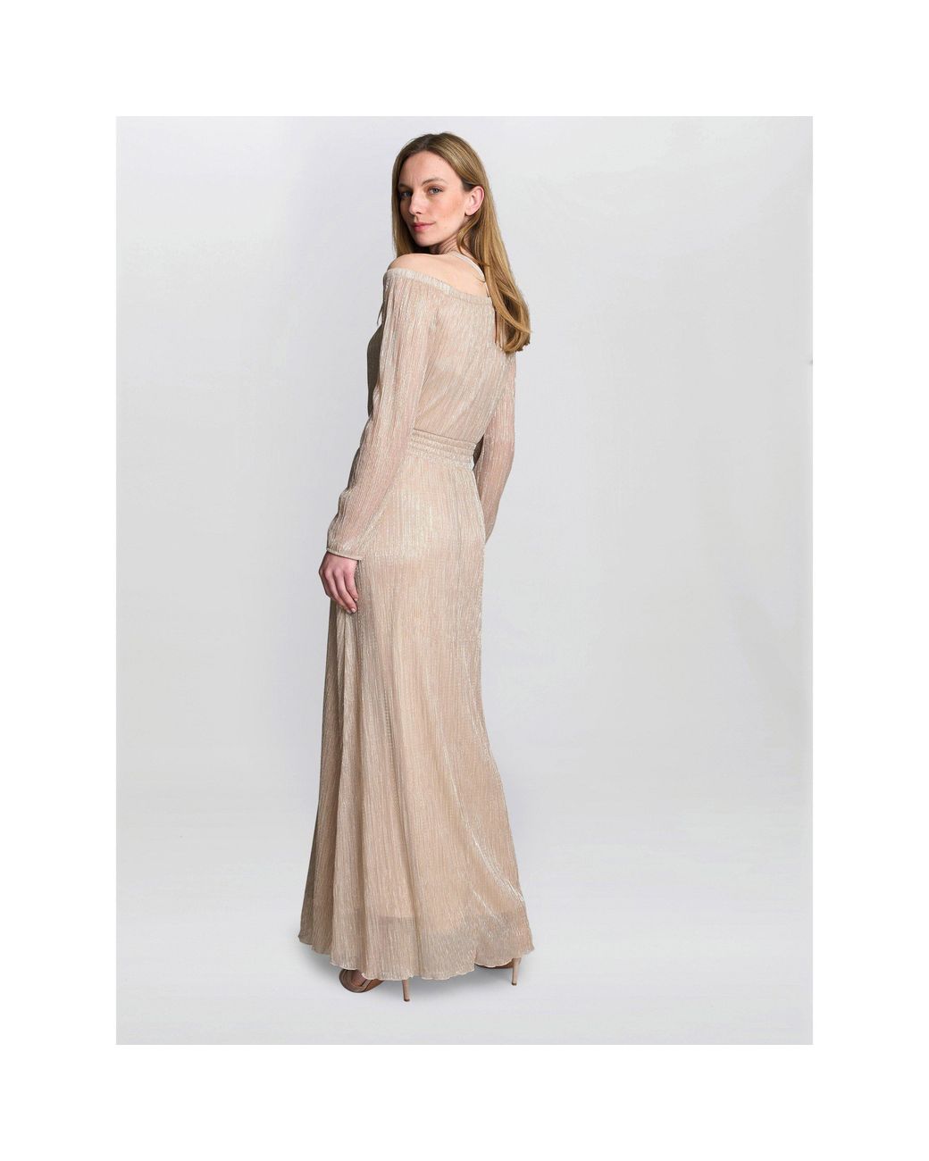 Gina Bacconi Natural Sylvia Metallic Off The Shoulder Dress