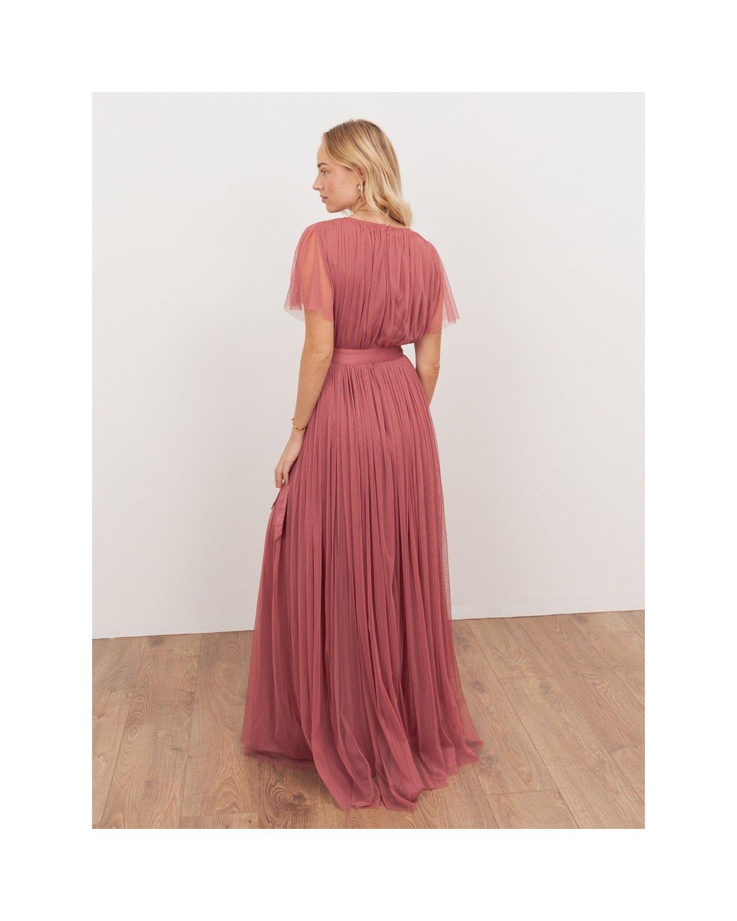Anaya with love Red Recycled Tulle Faux Wrap Short Sleeve Maxi Dress