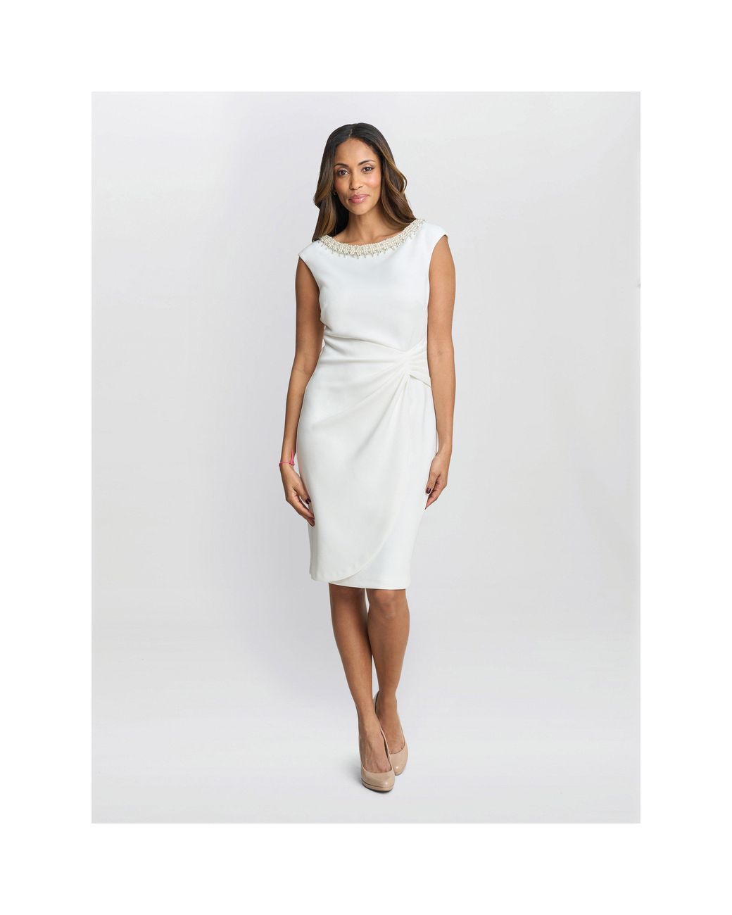 Gina Bacconi White Sansa Wrap Dress With Beaded Neck