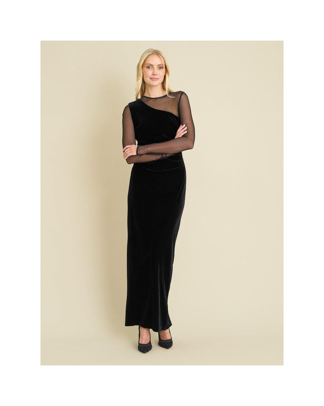 Gina Bacconi Black Rhonda Velvet Mesh Maxi Dress