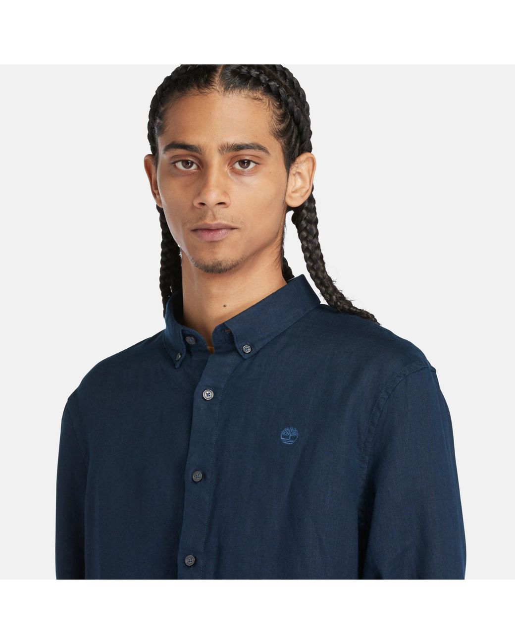 Timberland Blue Mill Brook Linen Leaf Long-Sleeve Plain Shirt for men