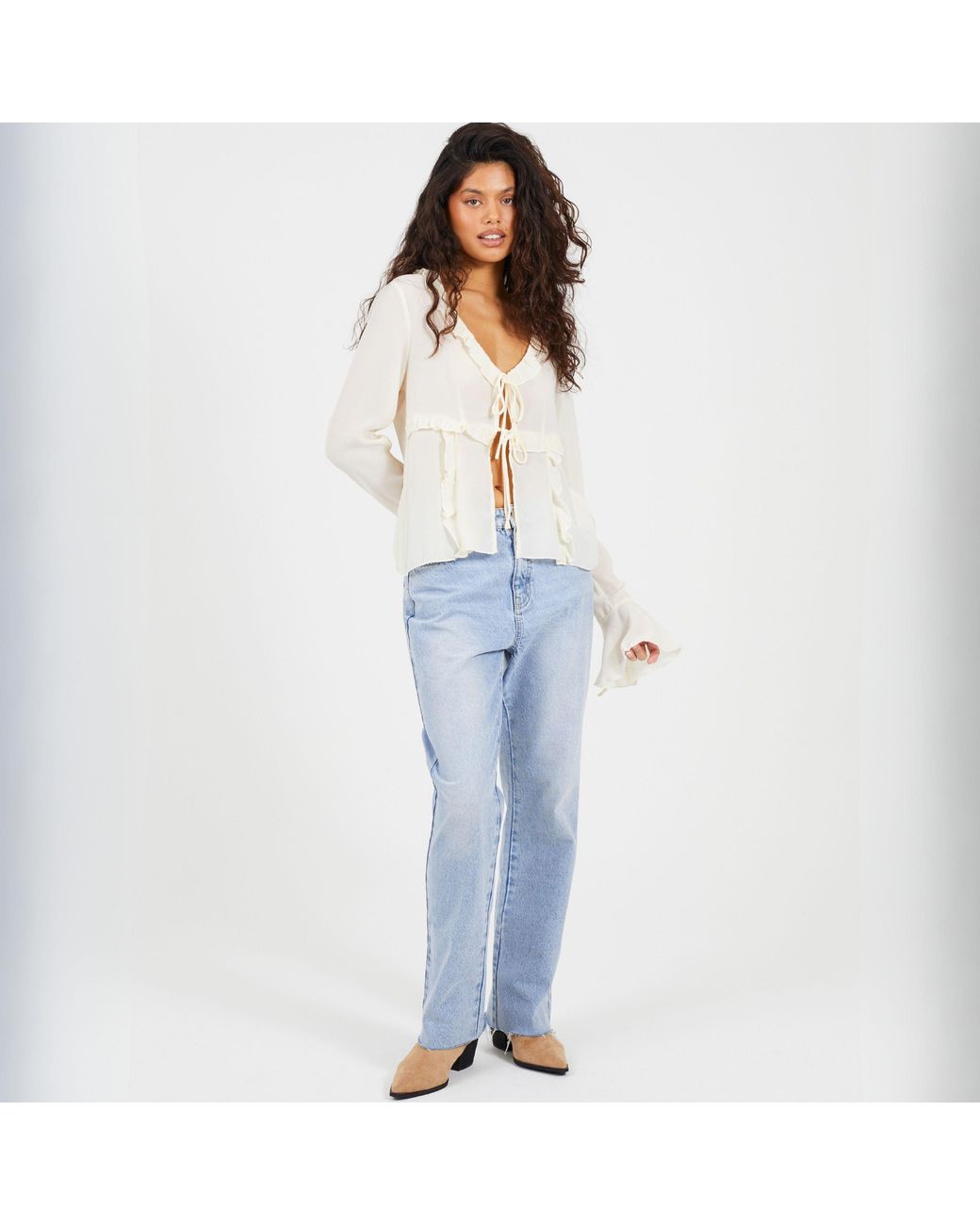 Brave Soul White Bs Long Sleeve Frill Top With Front Tie Detail