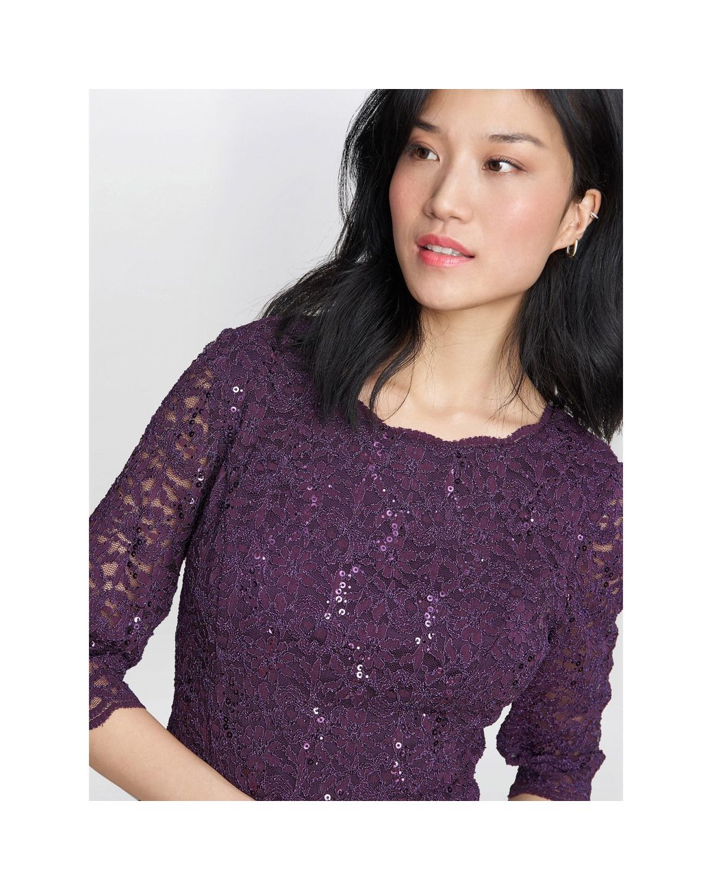 Gina Bacconi Purple Rona Midi-Length Dress With Lace Bodice