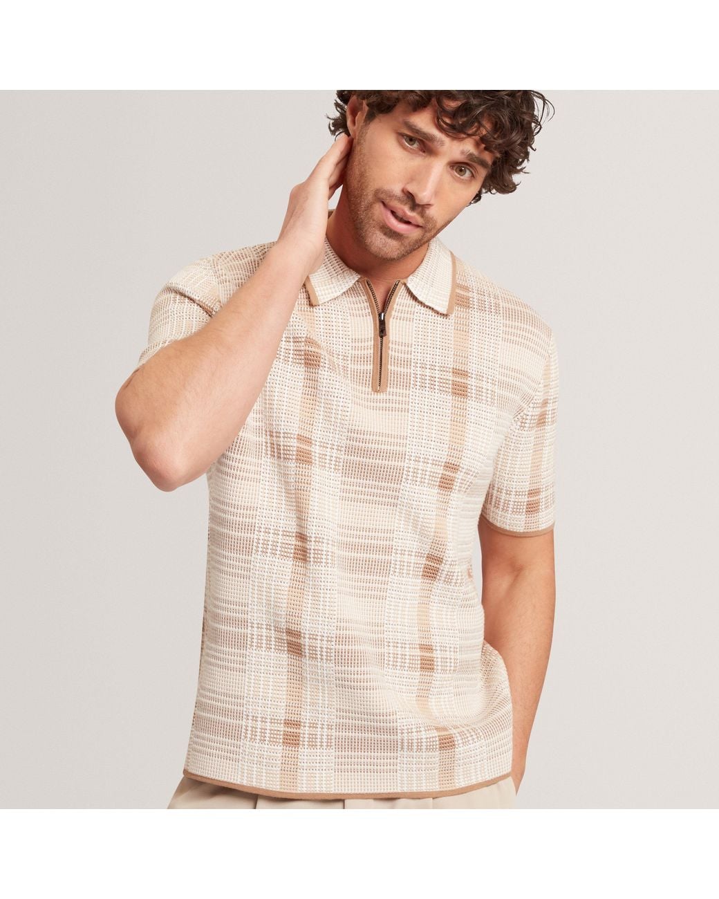 Ted Baker Natural Checked Zip Neck Cotton Knit Polo for men