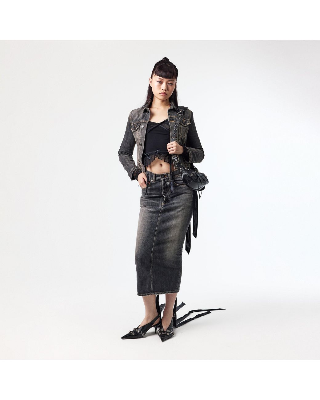 Balenciaga Gray Lace-Up Denim Skirt