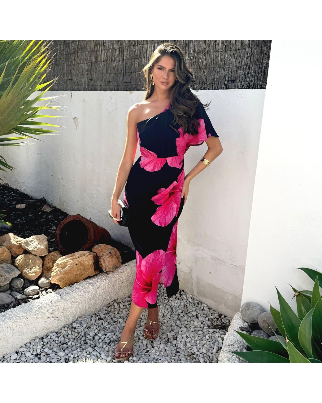 AX Paris Black And Floral Print One Sleeve Midi Dress