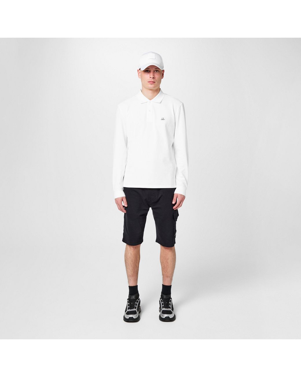 C P Company White C.P. Cotton Long Sleeve Polo Shirt for men
