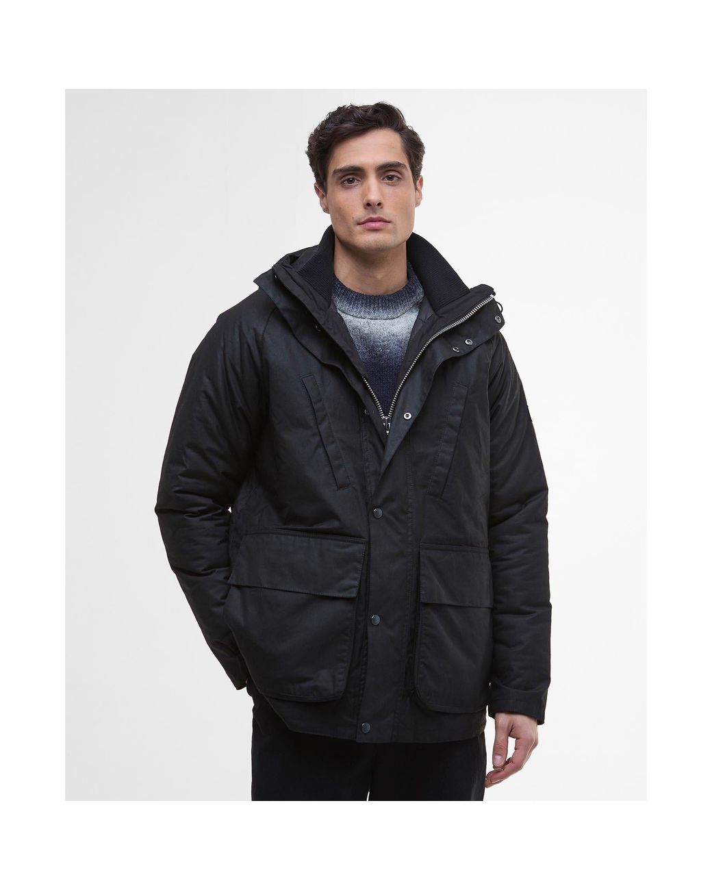 Barbour Black Oakdale Hooded Long Sleeve 4 Pockets Full Zip Wax Jacket for men