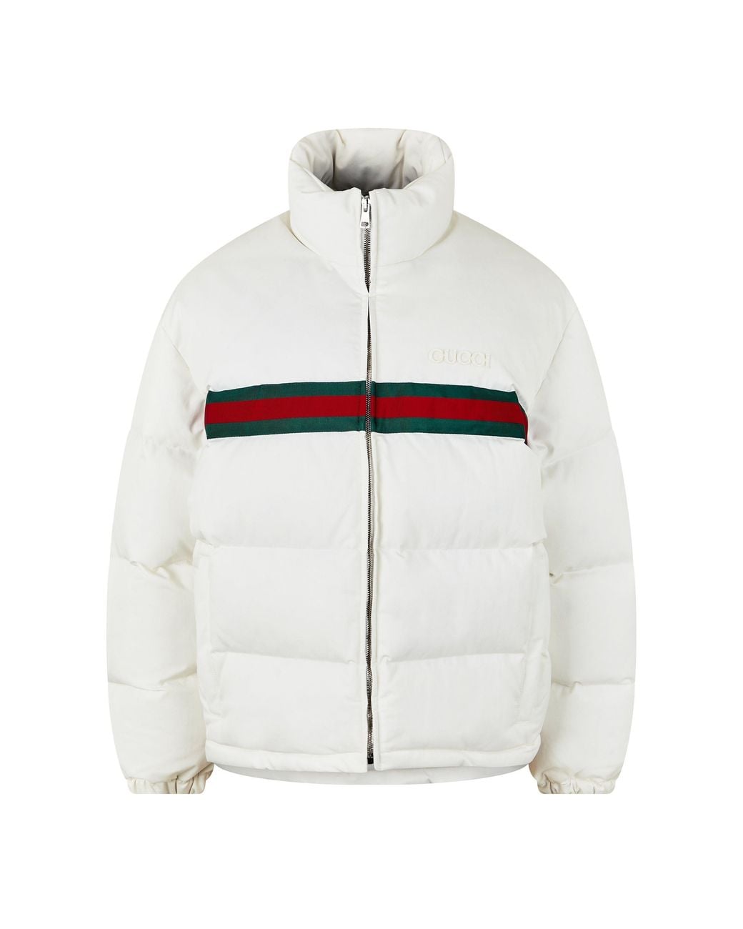 Gucci White Twill Bomber Water Resistant Goose Down Stand Collar Short Puffer Jacket