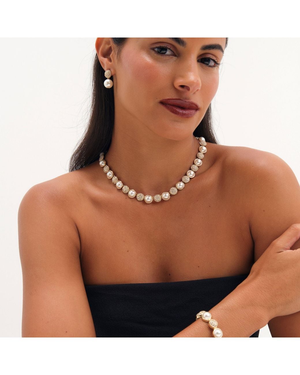 Jon Richard Metallic Plated Pearl And Pave Stretch Bracelet