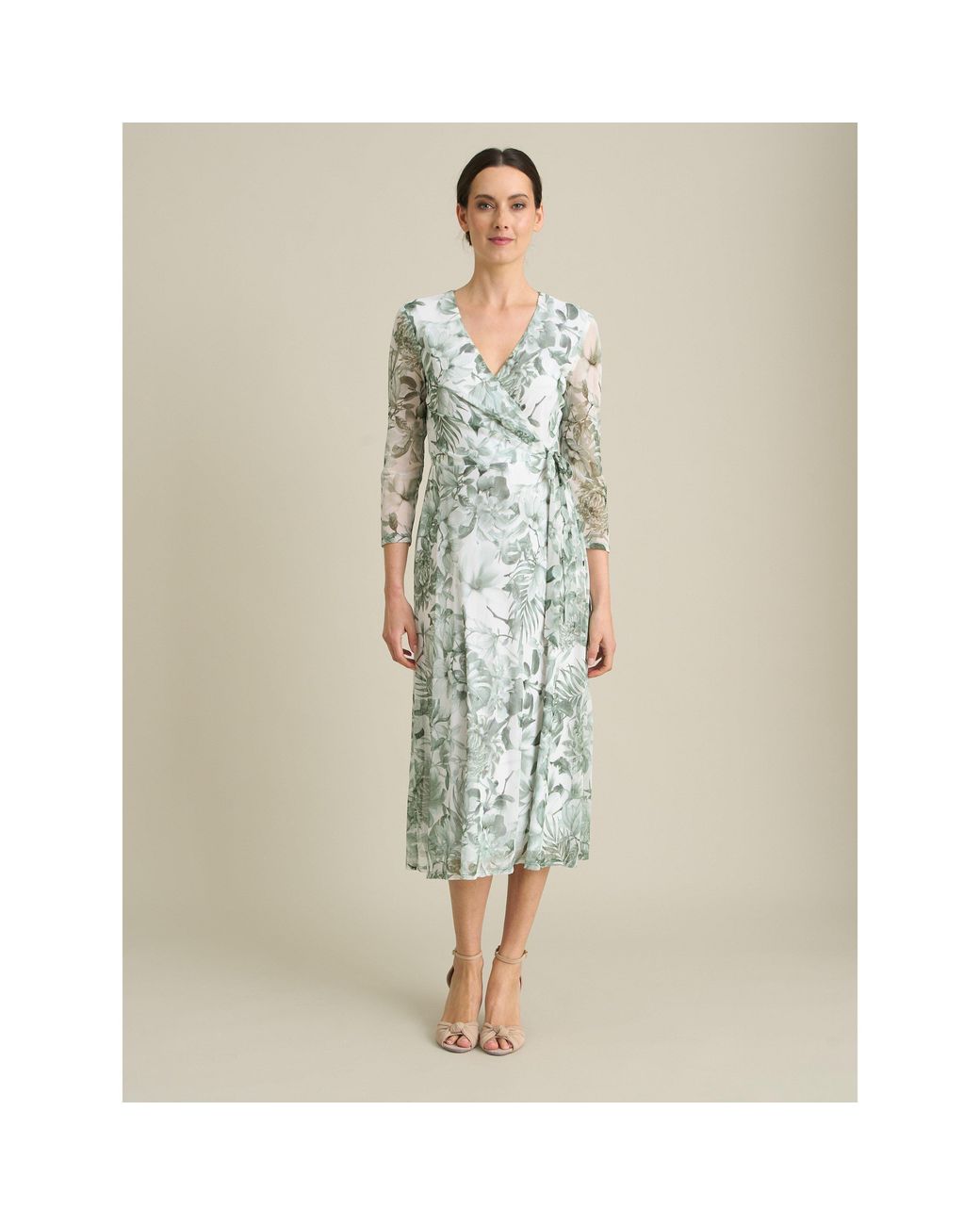 Gina Bacconi Natural Nancie Floral Mesh Faux Wrap Dress
