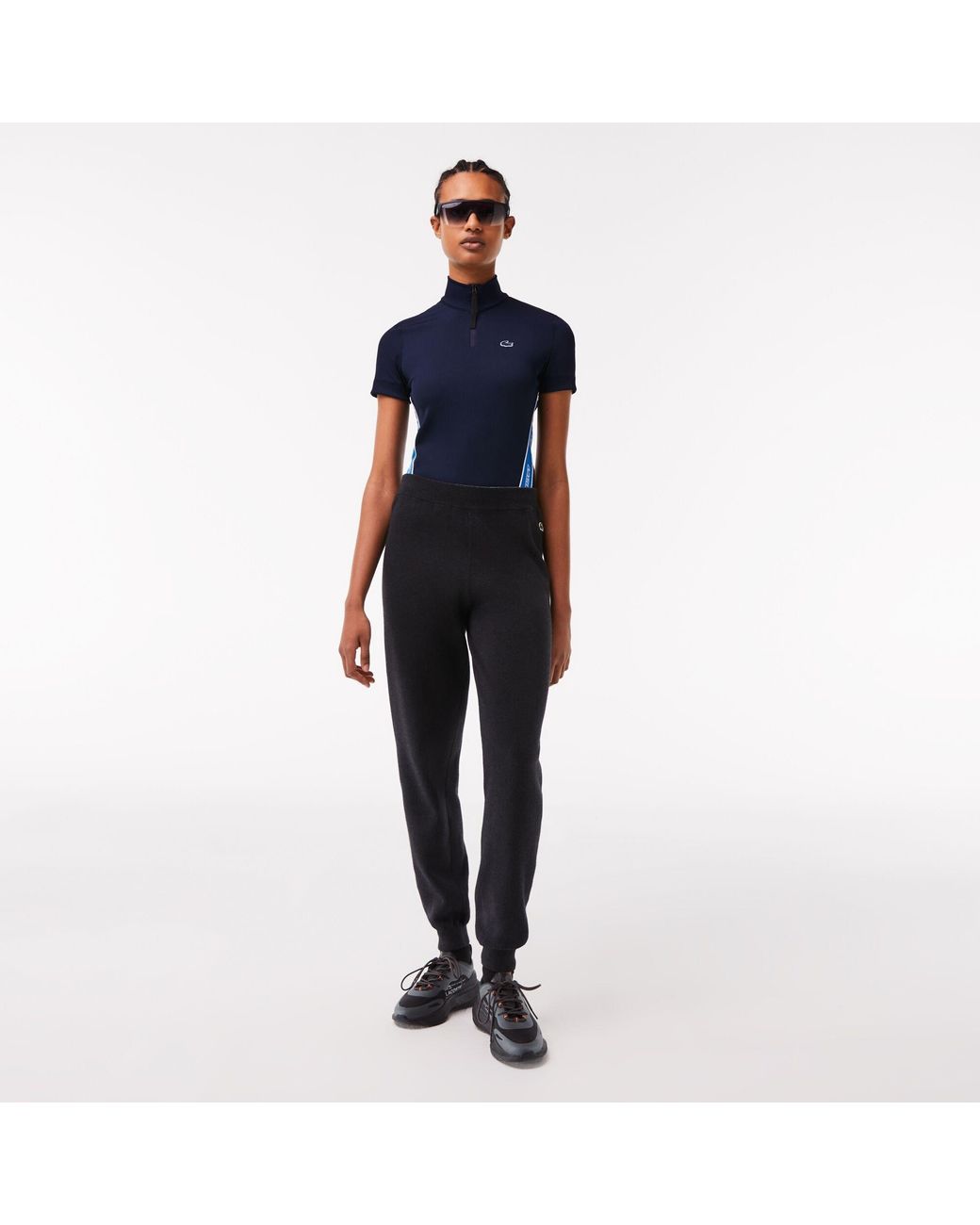 Lacoste Blue Ribbed Collar Zip Neck Short Sleeve Polo Shirt