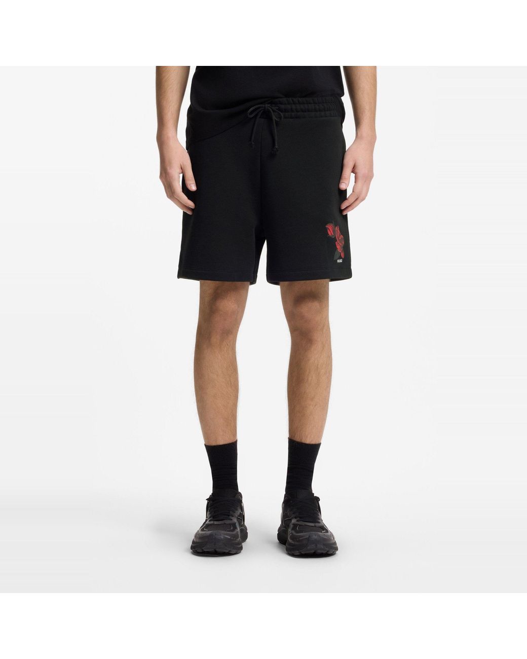 HUGO Black Soft Fleece Jogger Shorts With Graphic Detail for men