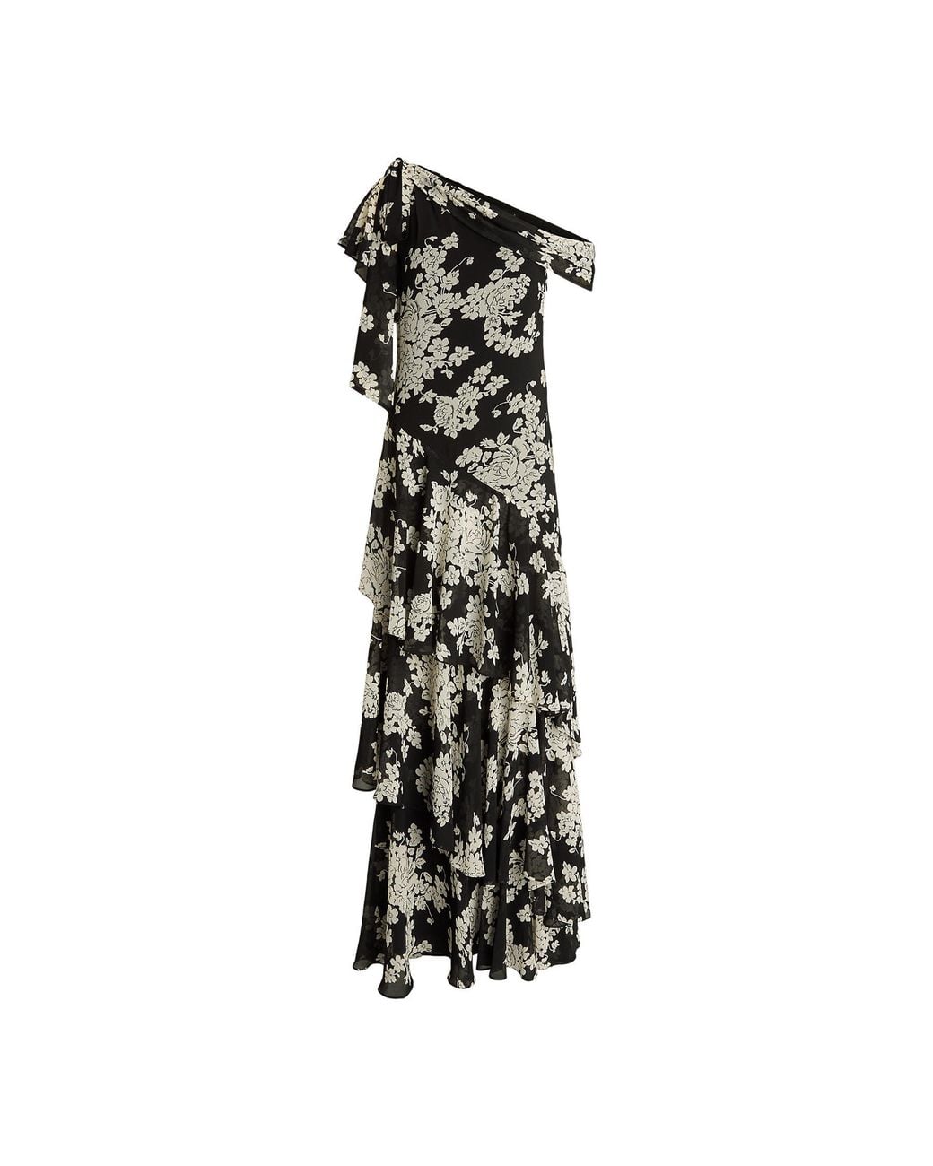 Ralph Lauren Black Floral Georgette One-Shoulder Gown