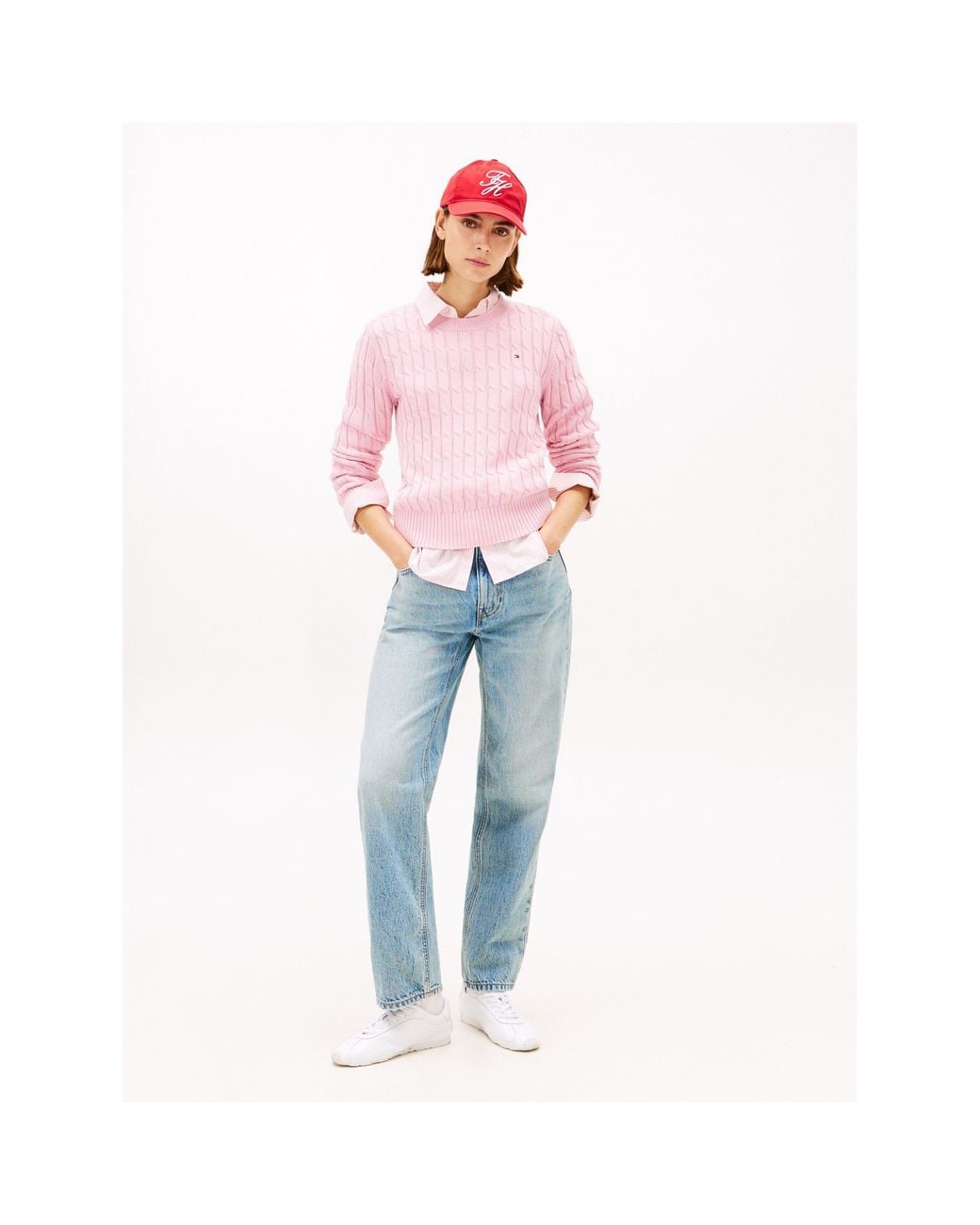 Tommy Hilfiger Pink Cable Knit Crew Neck Sweater
