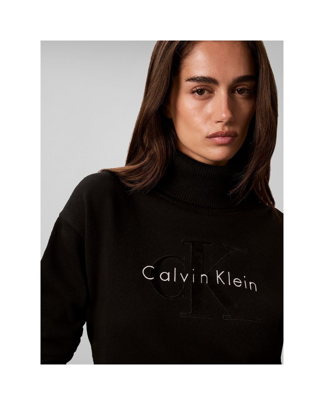 Calvin Klein Black Logo Fine Knit Cropped Turtle-Neck Jumper