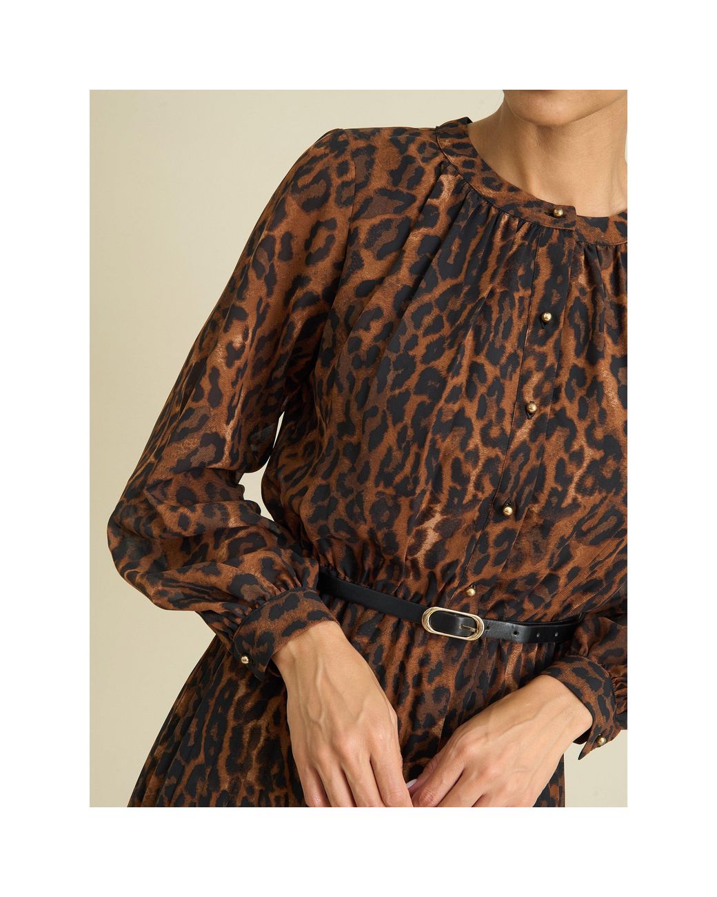 Gina Bacconi Natural Yasmina Chiffon Belted Jewel Neck Animal Dress