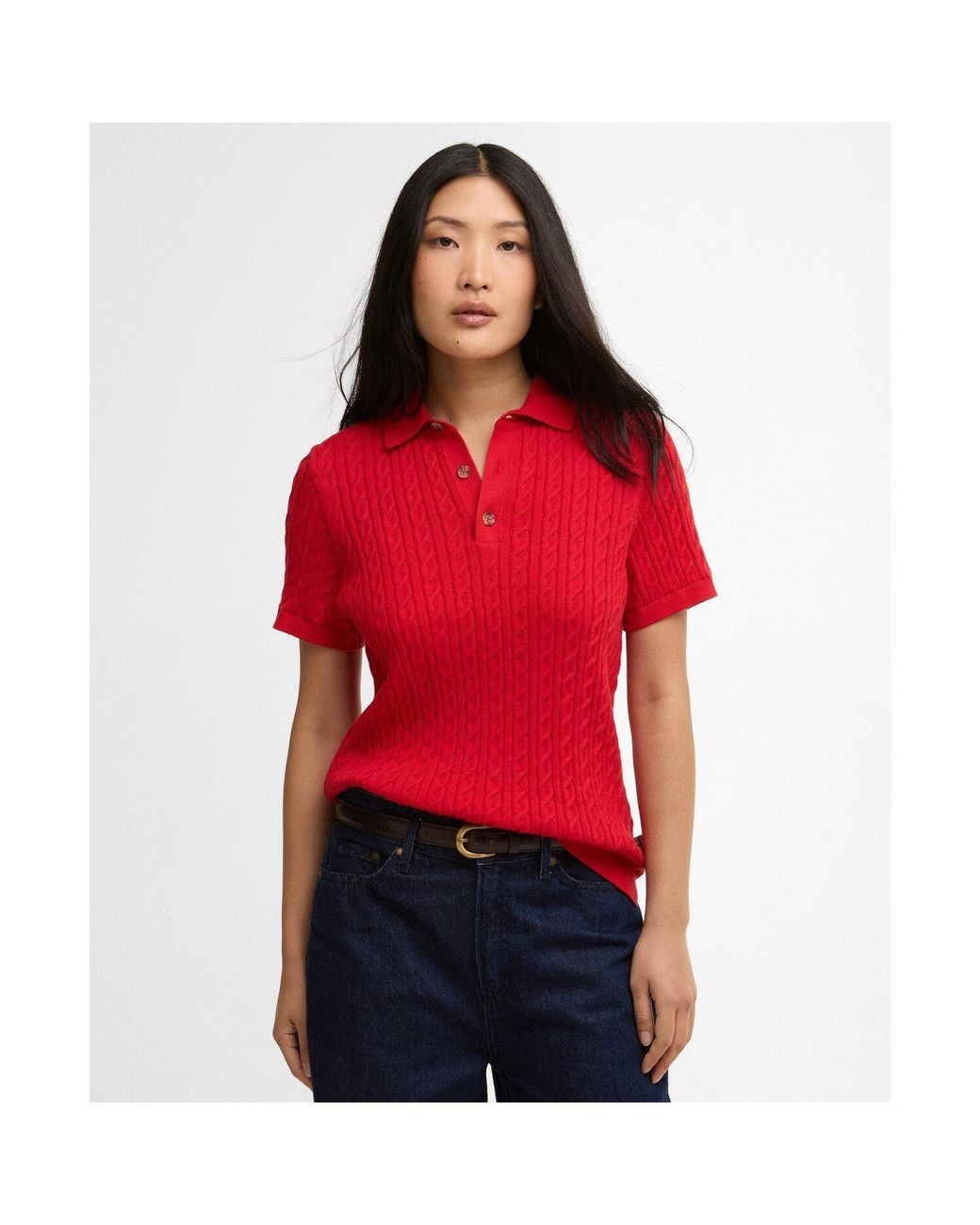 Barbour Red Hartland Short Sleeve Polo Neck Jumper