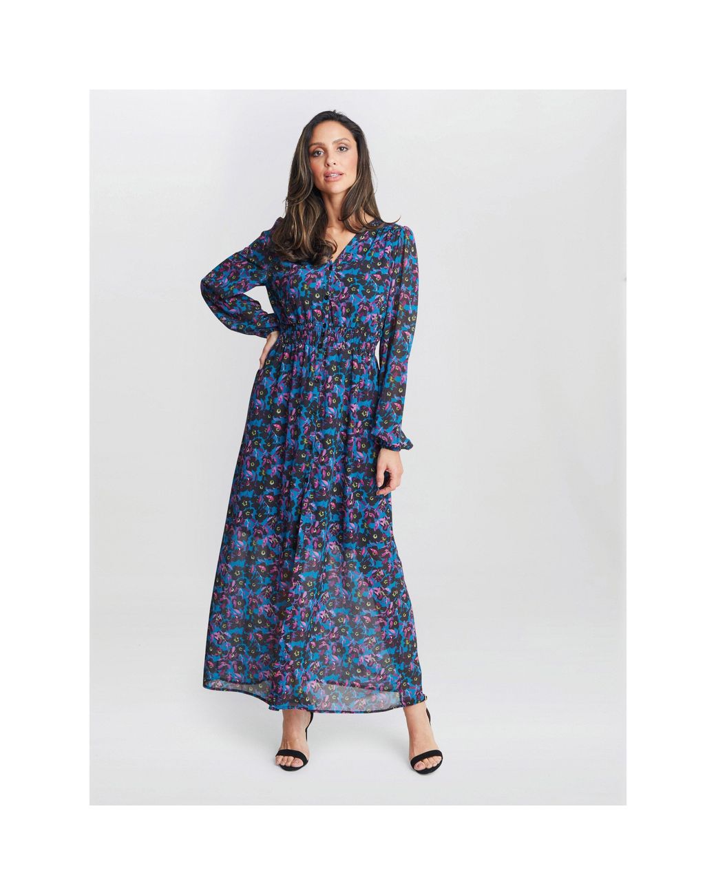 Gina Bacconi Blue Judy Button Dwon Long Sleeve Dress