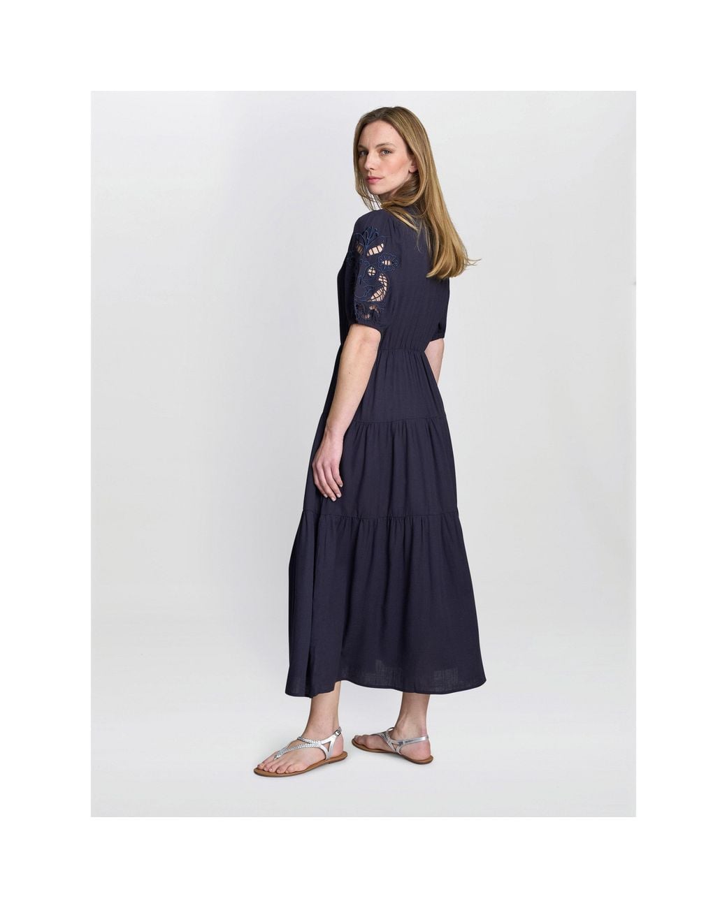 Gina Bacconi Blue Carey Puff Sleeve A-Line Dress