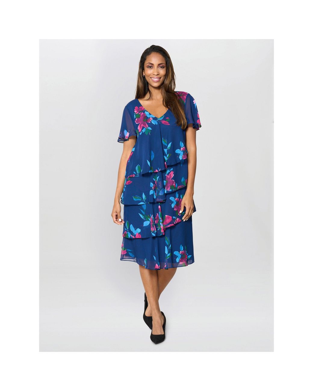 Gina Bacconi Blue Talie Tiered Floral Chiffon Dress