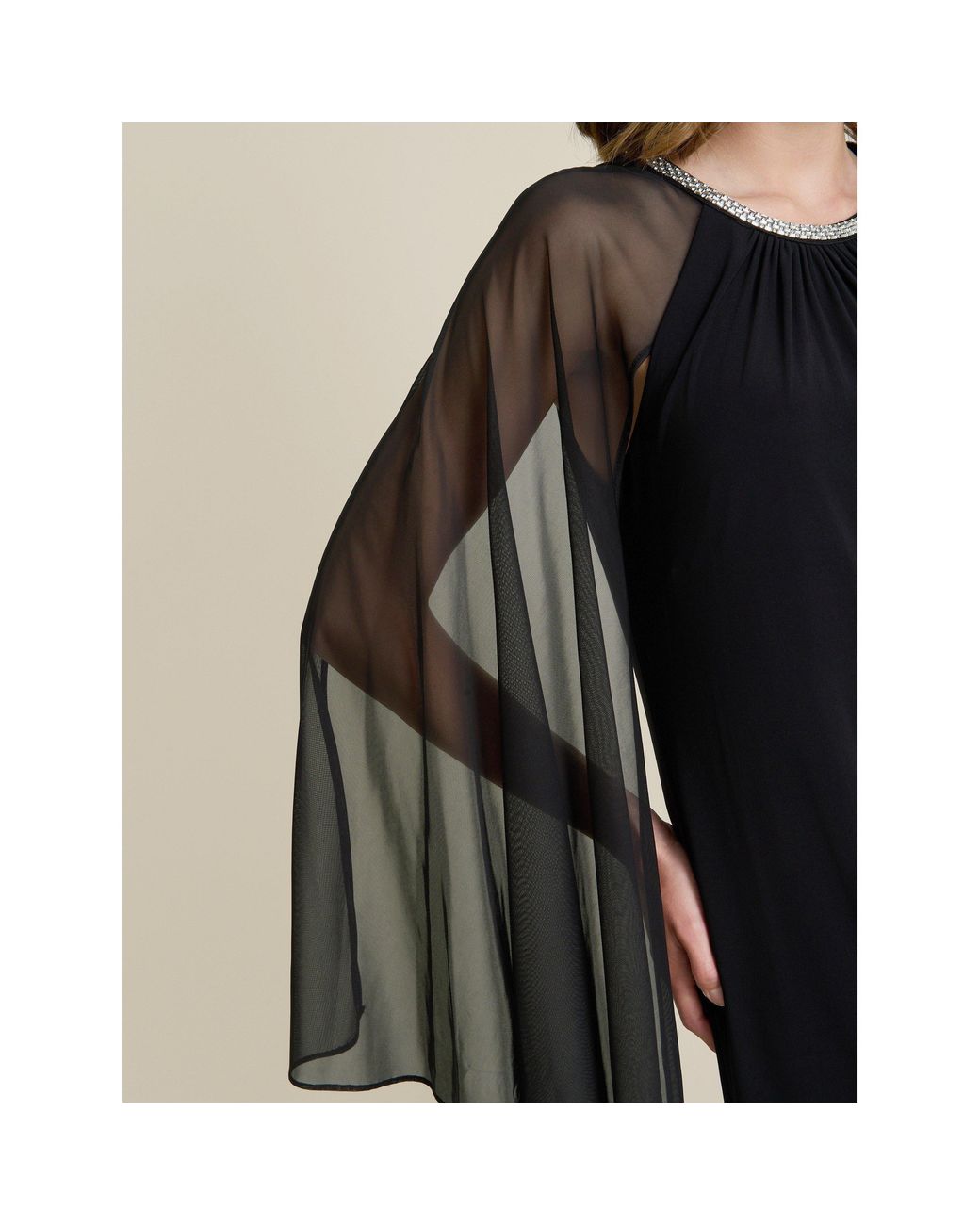 Gina Bacconi Black Shyla Sheer Sleeve & Crystal Trim Dress