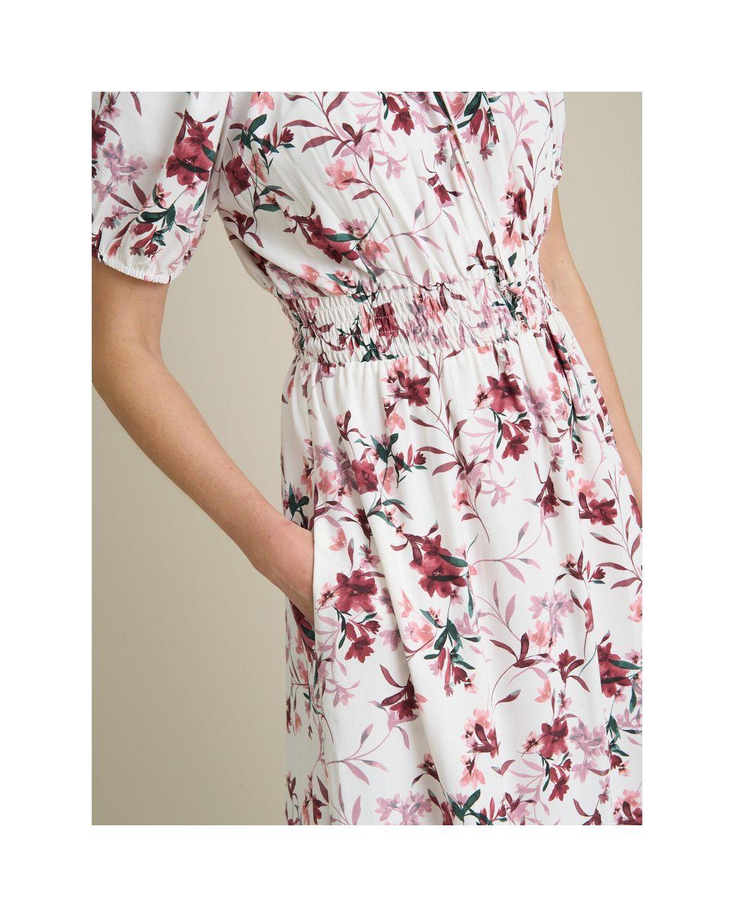 Gina Bacconi Natural Perrie Smock Waist Floral Print Dress