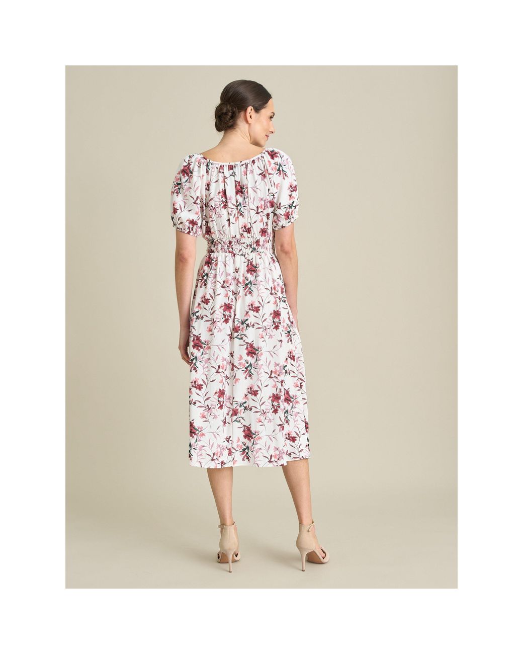 Gina Bacconi Natural Perrie Smock Waist Floral Print Dress