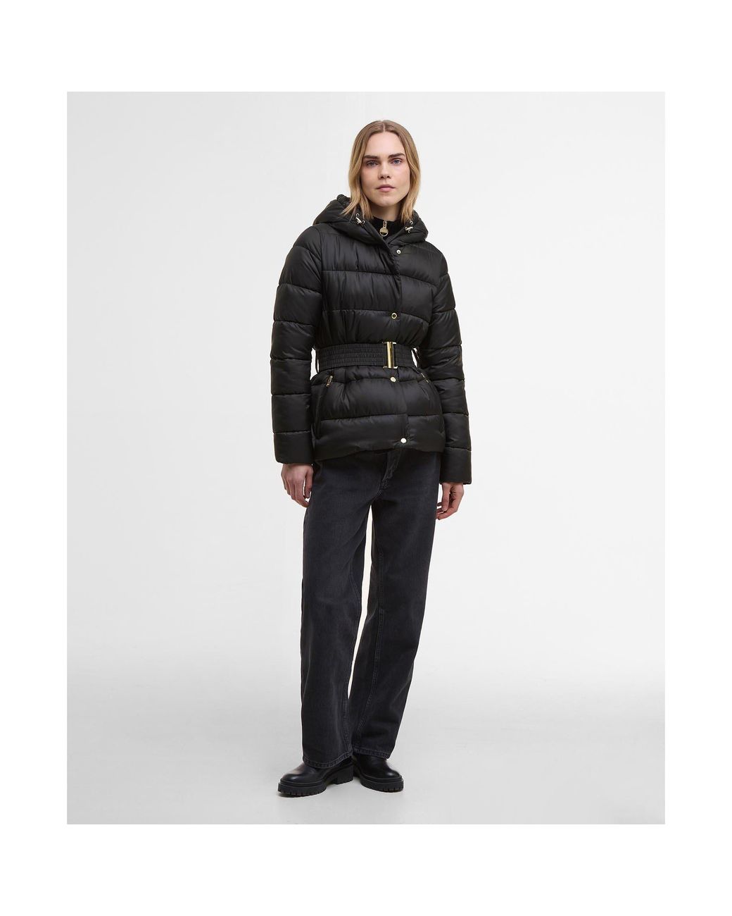 Barbour Black Track Line Detachable Hood Long Sleeve Short Puffer Jacket