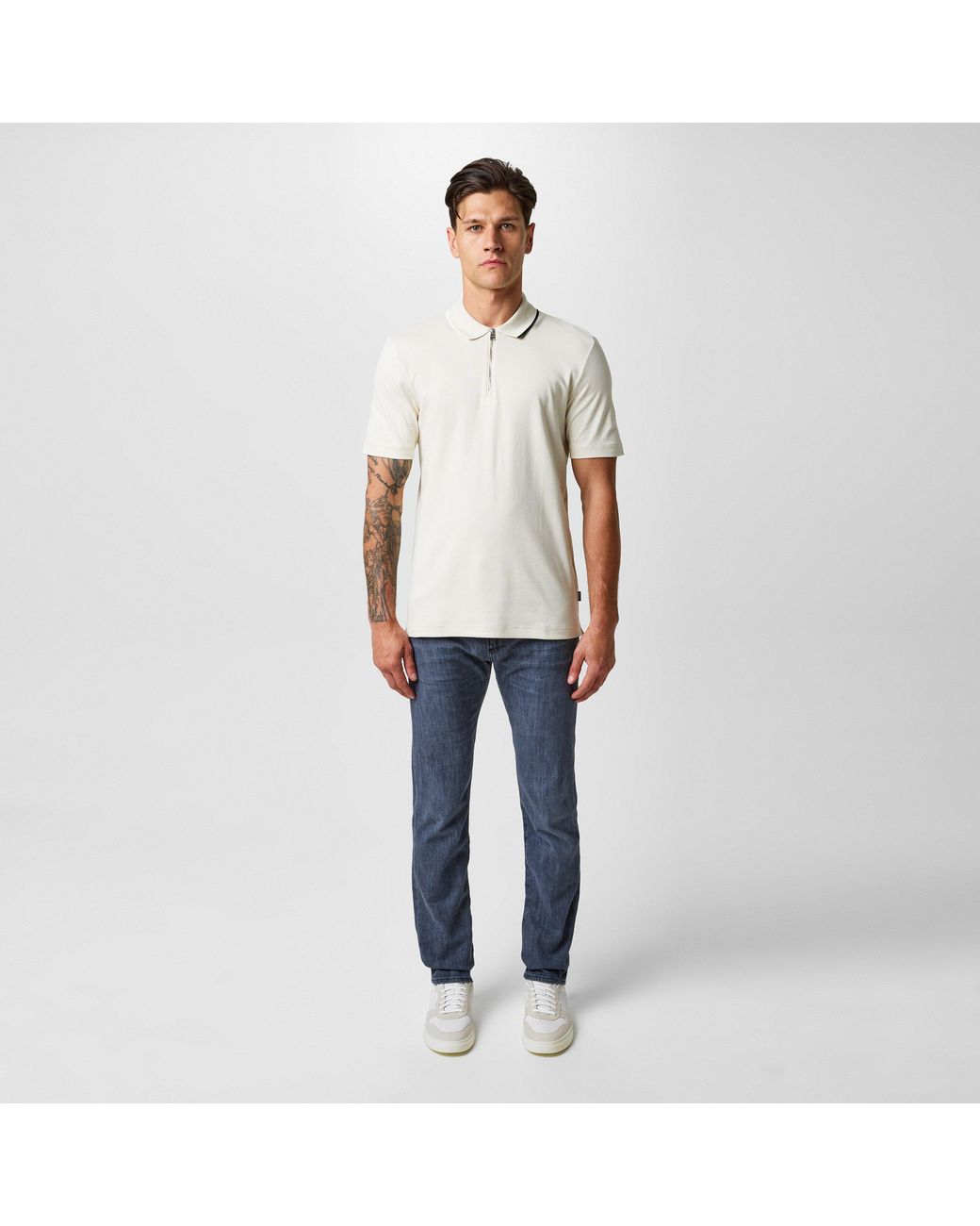 Boss White Paras Quarter Zip Cotton Short Sleeve Polo Shirt for men