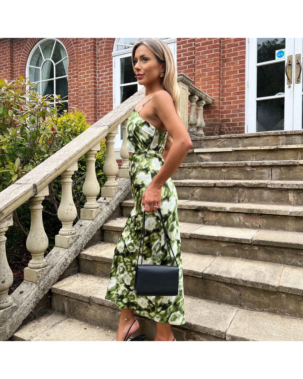 AX Paris Green Printed Asymmetric Cut Out Midi Dress