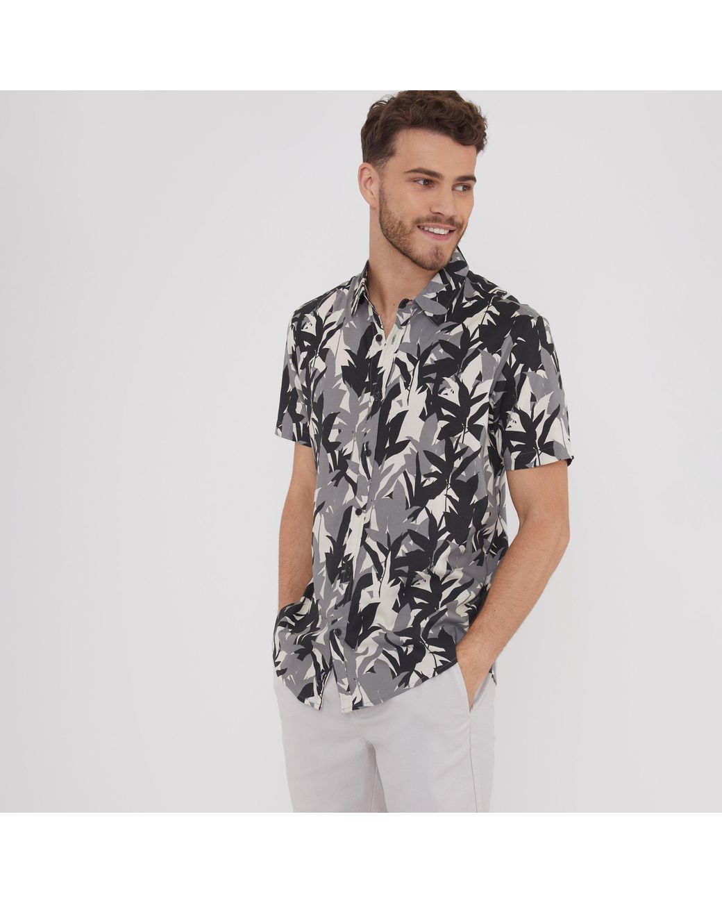 Threadbare Black Leaf Print Short Sleeve Shirt for men