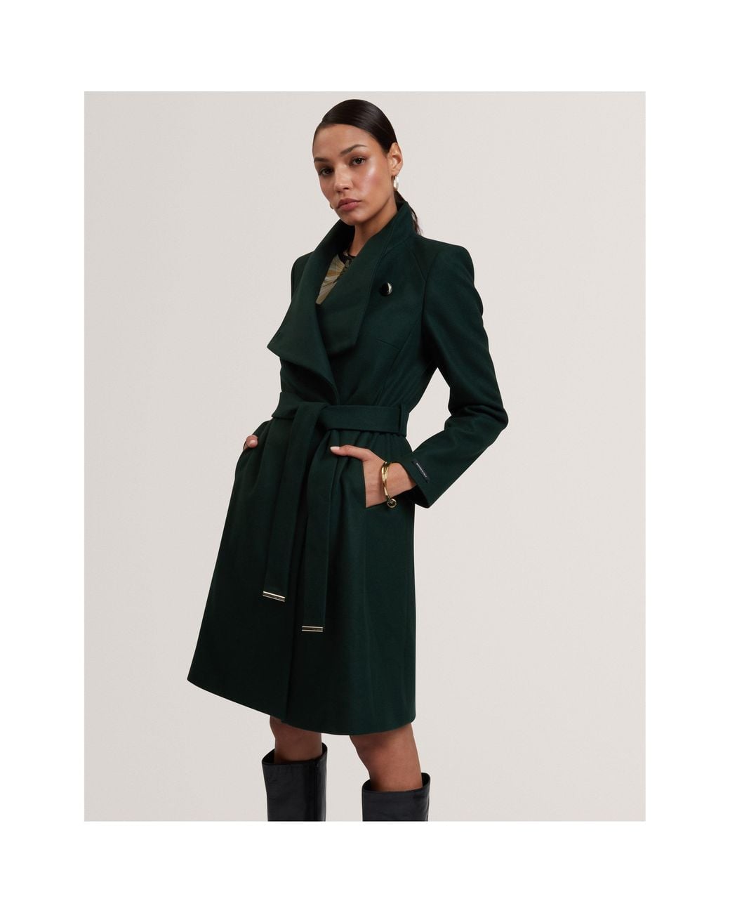 Ted Baker Green Rose Belted Midi Wool Long Sleeve Coat