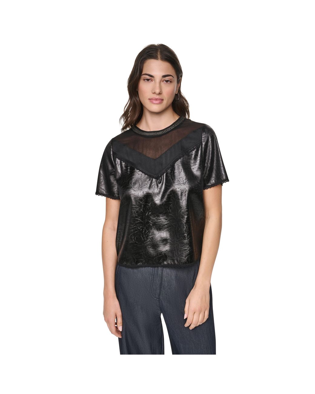 DKNY Black Mixed Media Crackle T-Shirt