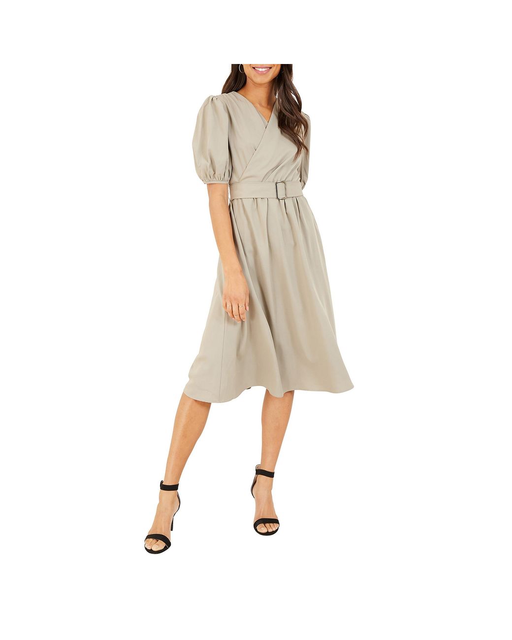 Yumi' Natural Puff Sleeve Belted Midi Dress