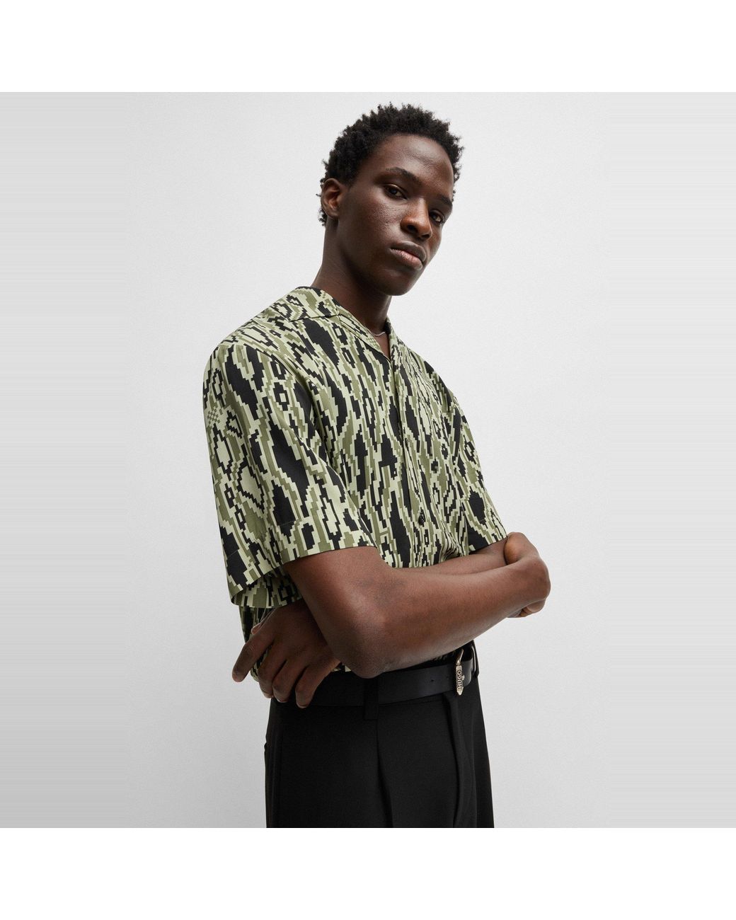 HUGO Green Espino Geometric Short Sleeve Tailored Fit Shirt for men