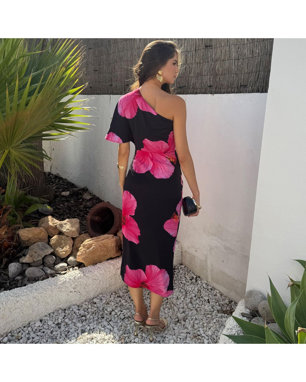AX Paris Black And Floral Print One Sleeve Midi Dress