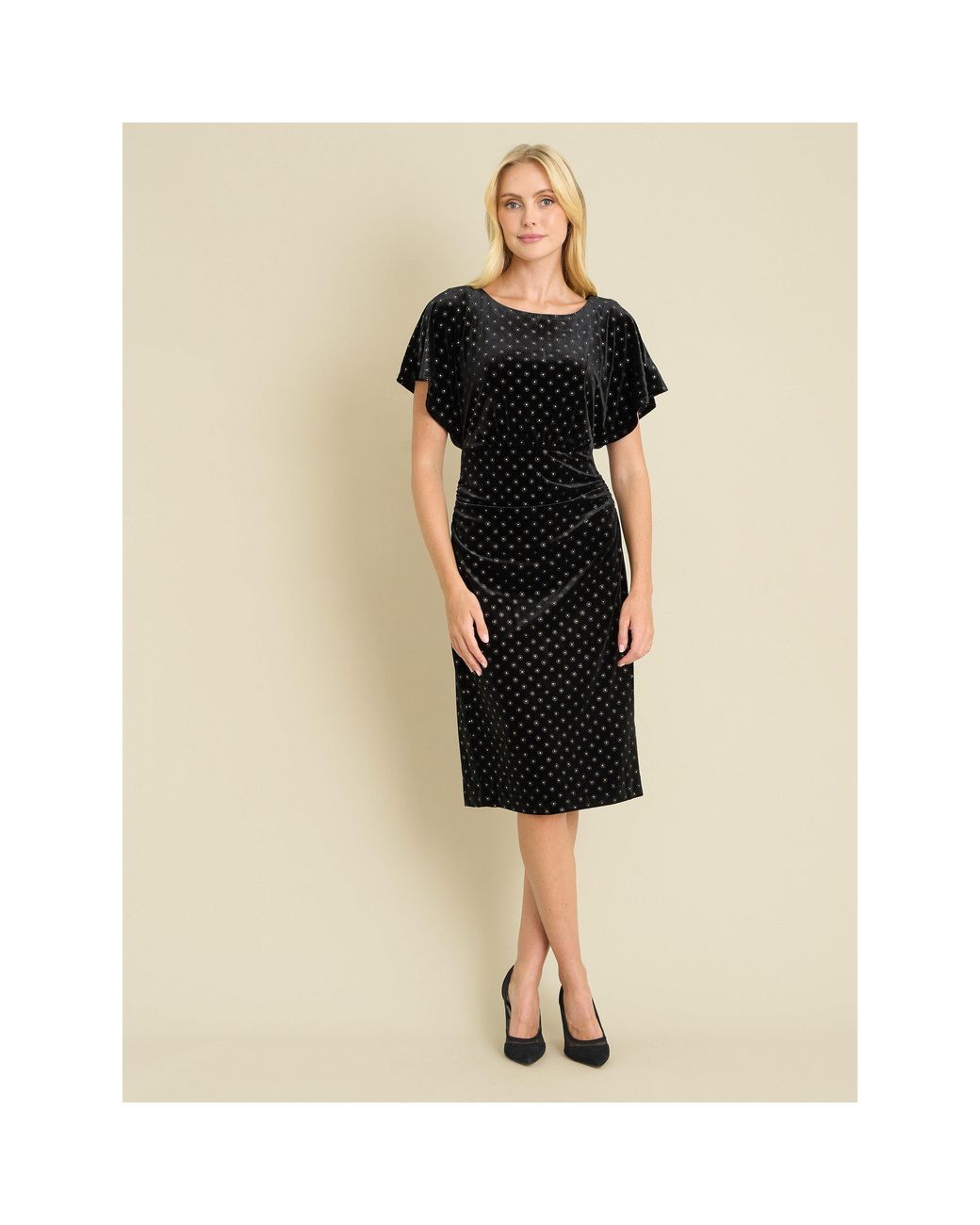 Gina Bacconi Black Iris Studded Draped Velvet Midi Dress